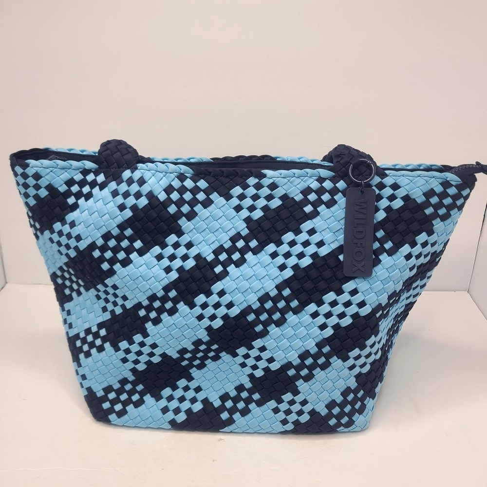 Wildfox Blue Woven Tote Bag‎ Purse Handbag Carryall Beach Gym ShopperZip Top